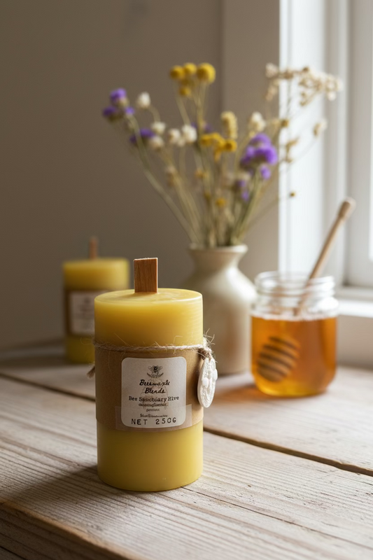 Pure beeswax pillar candle with a wooden wick and a twine-wrapped label sits on a wooden table in a softly lit room. A jar of honey with a wooden dipper and a vase of dried flowers are blurred in the background near a window.