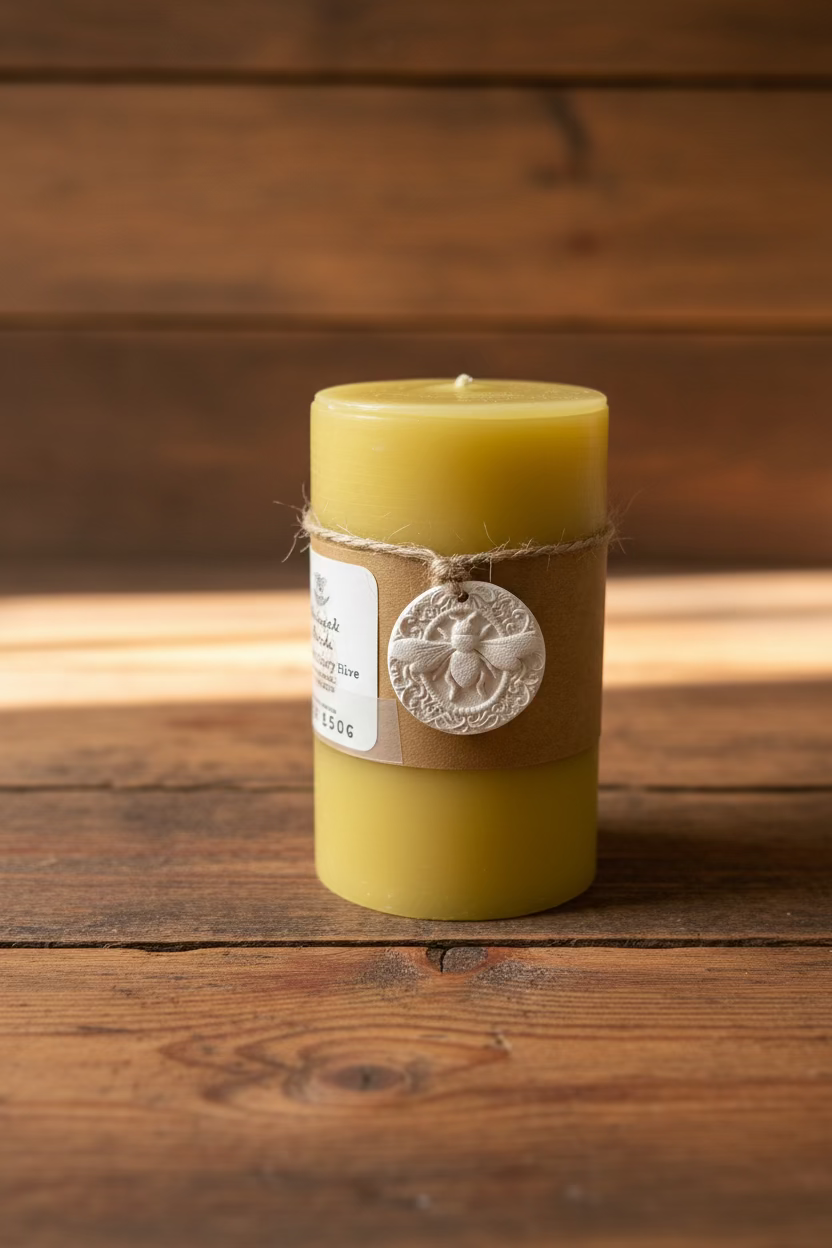 Pure beeswax pillar candle wrapped in a brown kraft paper band with a white circular bee ornament tied around it, sitting on a white textured surface with a blurred background.