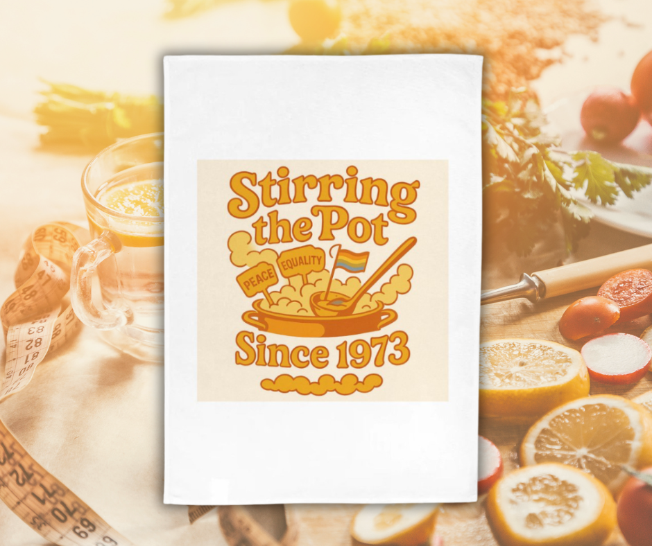Framed print with 'Stirring the Pot Since 1973' text on a background of kitchen items.