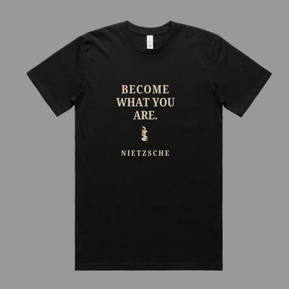 Black t-shirt with Nietzsche quote on a white background