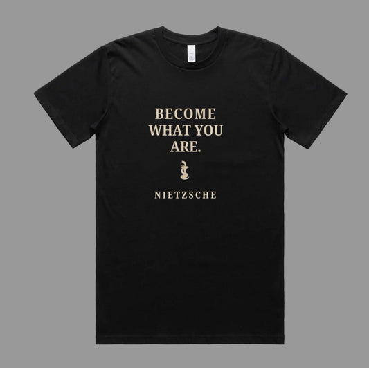 Black t-shirt with Nietzsche quote on a white background