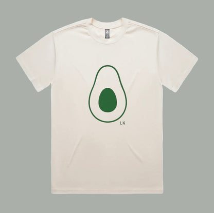 Beige t-shirt with an avocado graphic and 'LK' branding on a white background