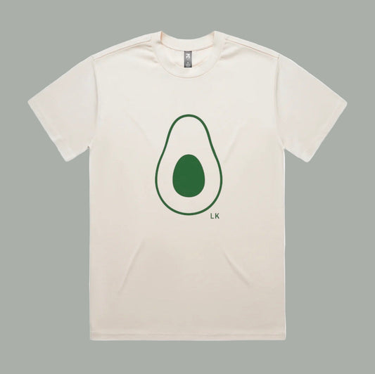 Beige t-shirt with an avocado graphic and 'LK' branding on a white background