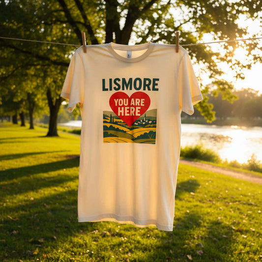 White t-shirt with 'Lismore You Are Here' design on a white background