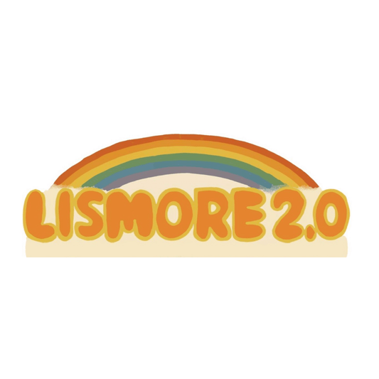 Colorful 'Lismore 2.0' logo with rainbow, promoting the Organic cotton women's fit t-shirt.