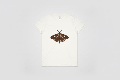 White t-shirt with a brown moth graphic on a white background