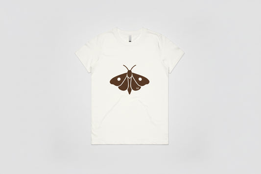 White t-shirt with a brown moth graphic on a white background