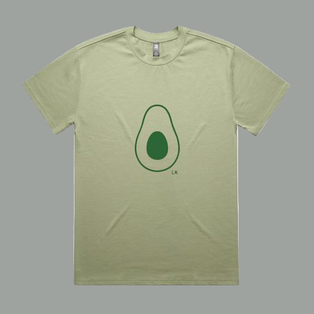 Sage green t-shirt with avocado graphic on a white background