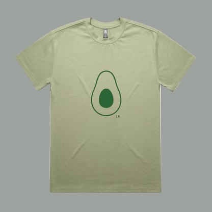 Sage green t-shirt with avocado graphic on a white background