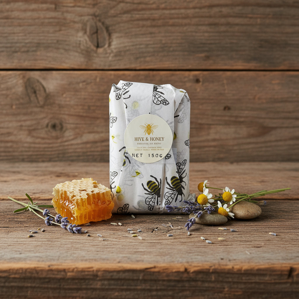 Packaged product with bee design and 'Hive & Honey' label on a white surface