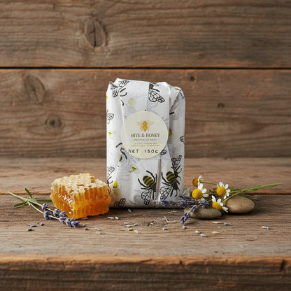 Packaged product with bee design and 'Hive & Honey' label on a white surface