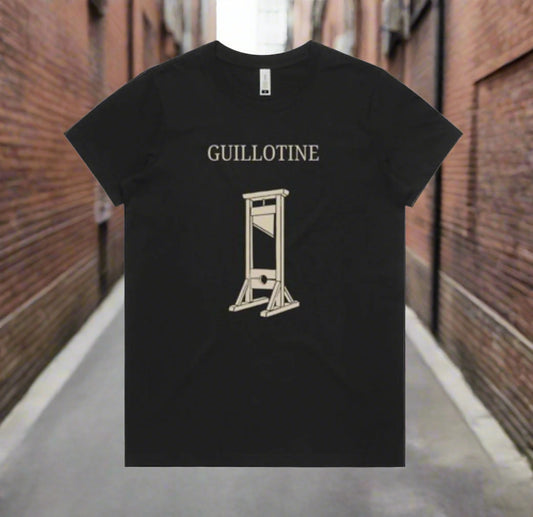 Guillotine – Beige on Black(women’s fit)Organic cotton.