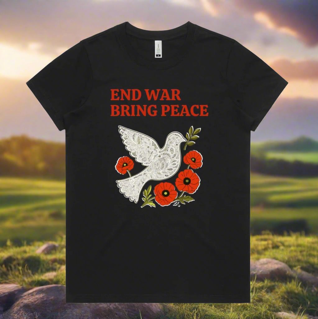 Black t-shirt with 'End War Bring Peace' design featuring a dove and flowers against a scenic background.