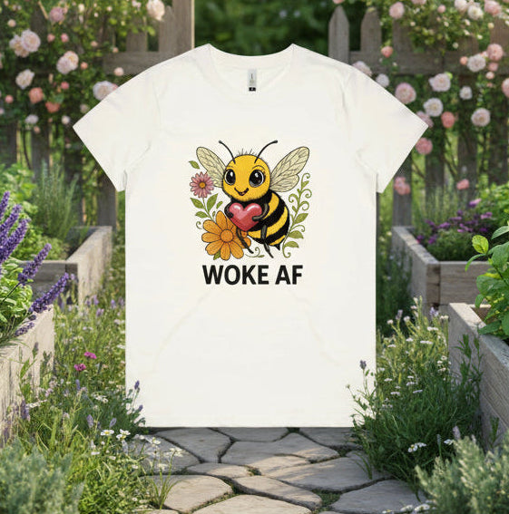 White t-shirt with a bee graphic and 'Woke AF' text on a white background