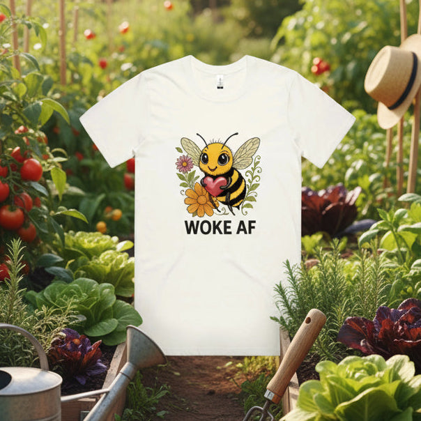 White t-shirt with a bee graphic and 'Woke AF' text on a white background