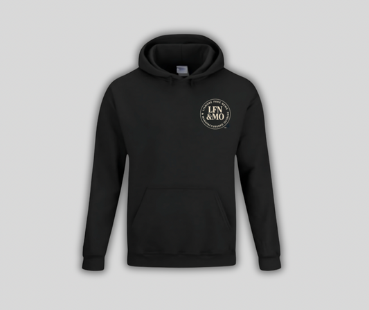 Black hoodie with a logo on the chest against a gray background