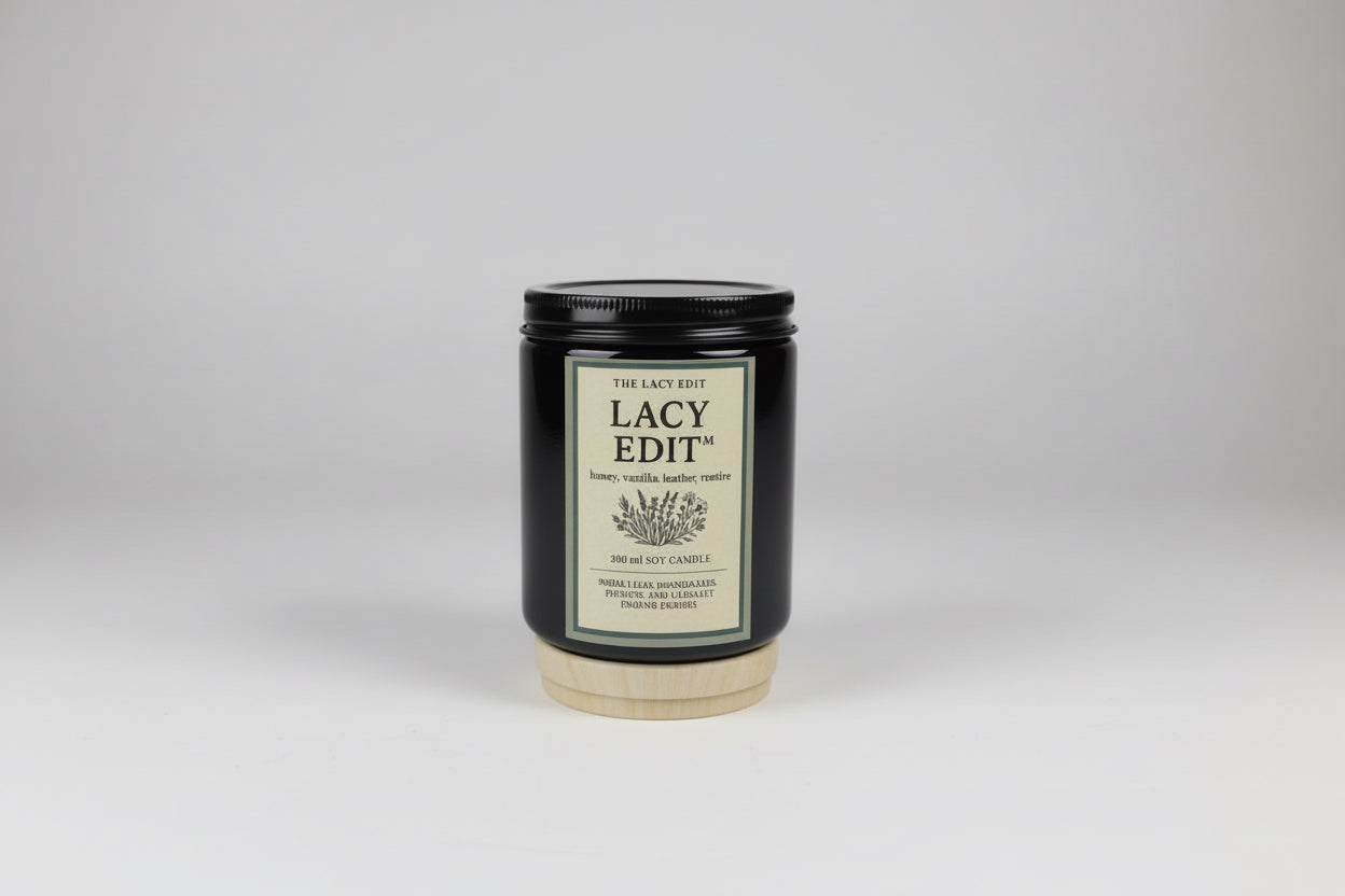 Candle with Lacy Edit candle label on a gray background