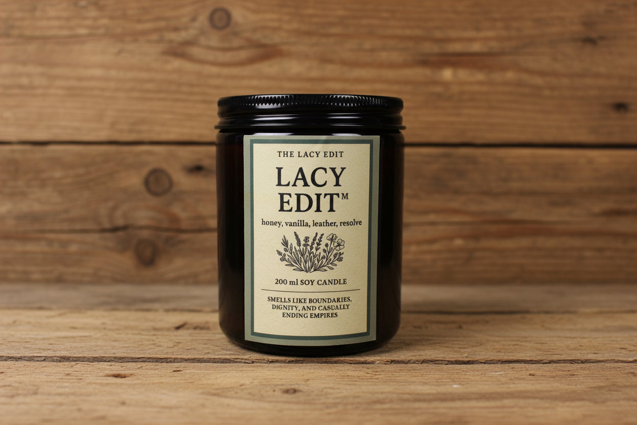Candle jar with 'Lacy Edit Candle’label on a textured white background