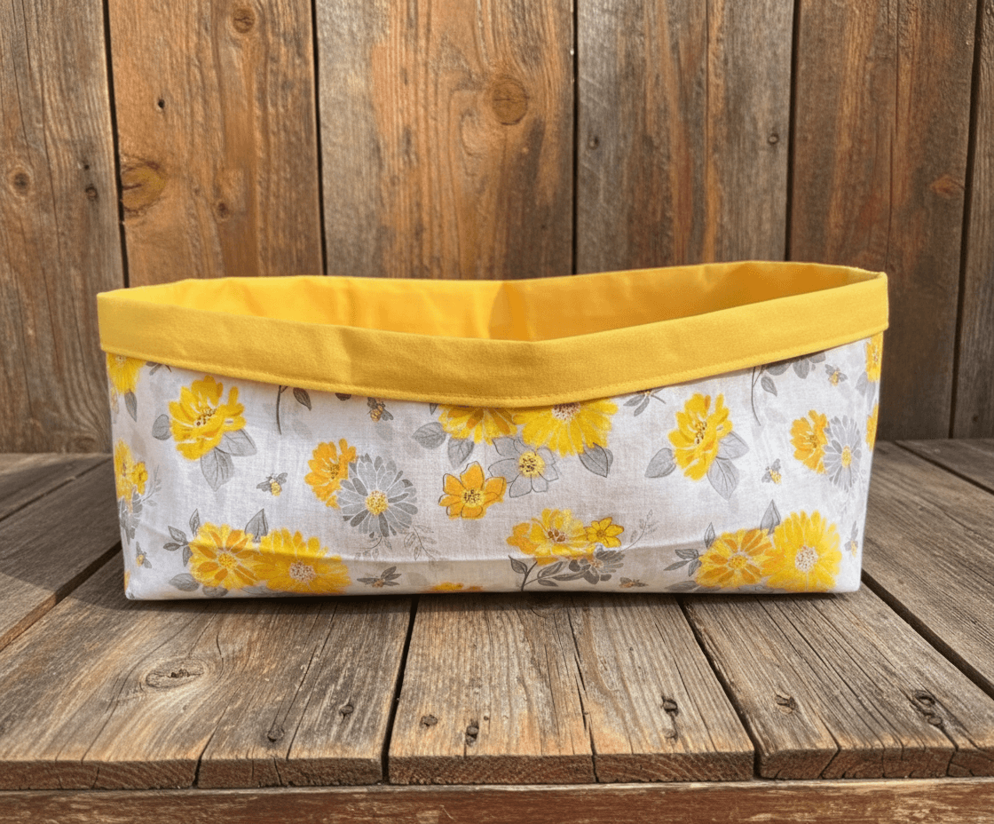 Large tote bag handmade from the Lazy Daisy Collection, featuring a floral design in yellow and gray.
