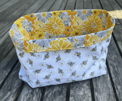 Medium Fabric Tote Bag – Lazy Daisy Collection showcasing a floral and bee design in vibrant colors.