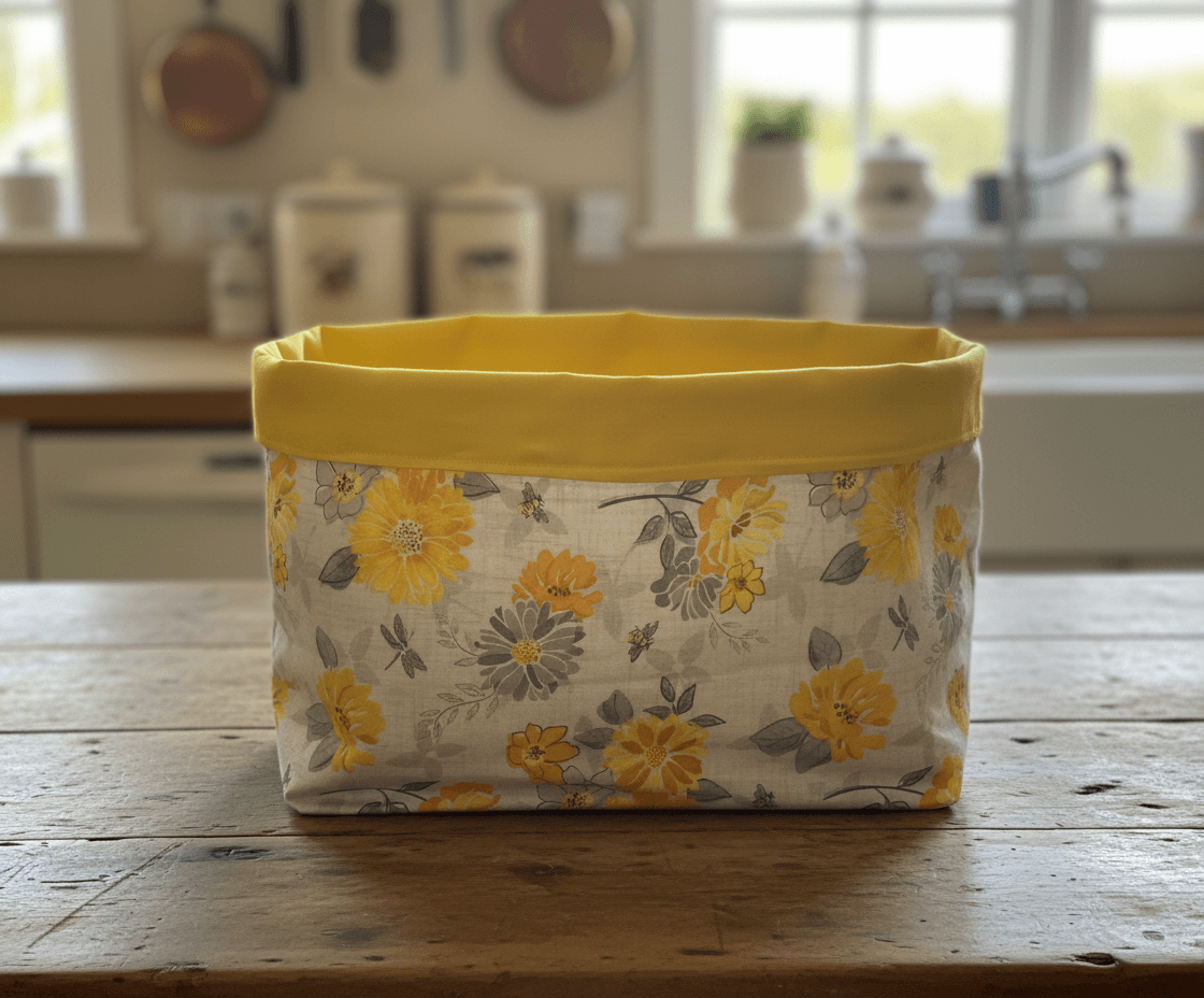 Medium fabric tote bag with yellow floral design on a wooden table in a bright kitchen setting.