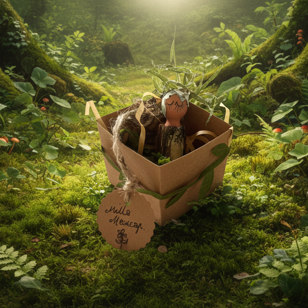 A small figurine in a cardboard carton with a tag labeled 'Milla Mosscap' in a forest setting.