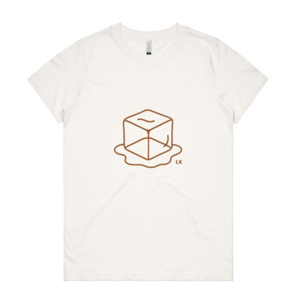 White t-shirt with a brown geometric design on a white background