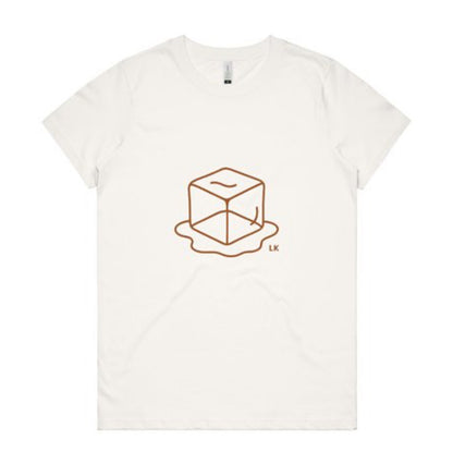 White t-shirt with a brown geometric design on a white background