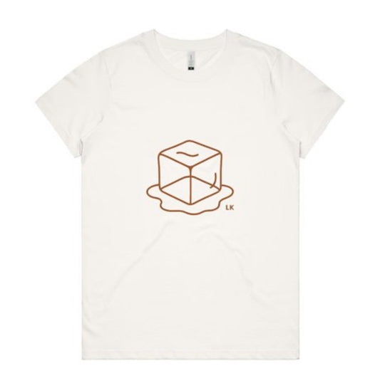 White t-shirt with a brown geometric design on a white background