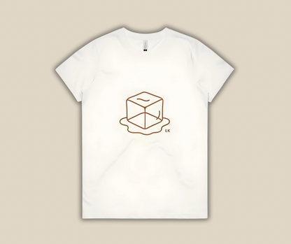 White t-shirt with a geometric design on a beige background