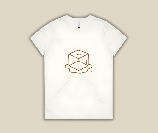 White t-shirt with a geometric design on a beige background