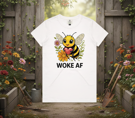 Organic tee bee design woke af rustic garden background 