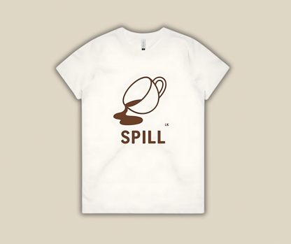 White t-shirt with a brown coffee cup graphic and 'SPILL' text on a beige background