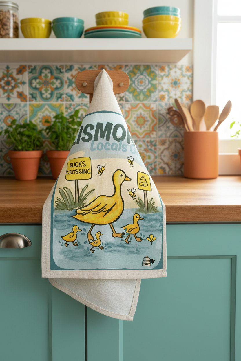 Linen Tea Towel. Lismore ‘Locals Only’ ducks crossing