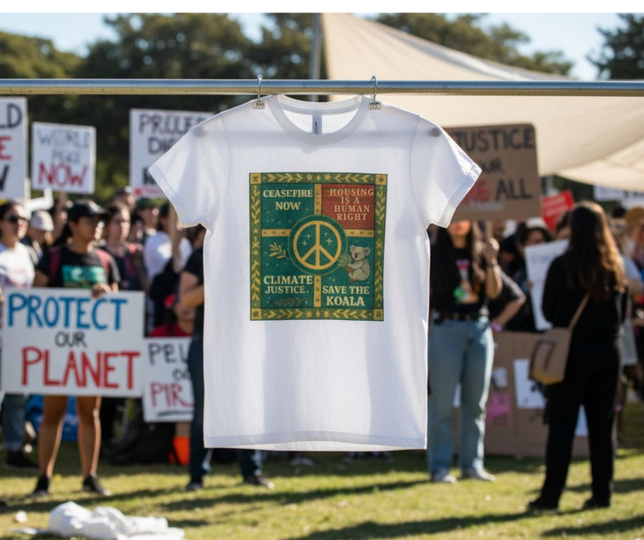 White t-shirt with green and yellow graphic design hanging in front of a protest scene