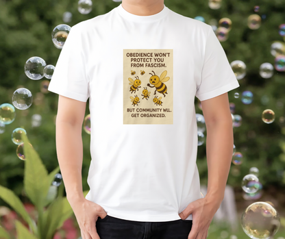 Person wearing a white t-shirt with a graphic of bees and text, surrounded by bubbles.