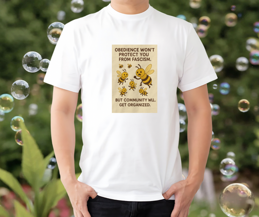 Person wearing a white t-shirt with a graphic of bees and text, surrounded by bubbles.