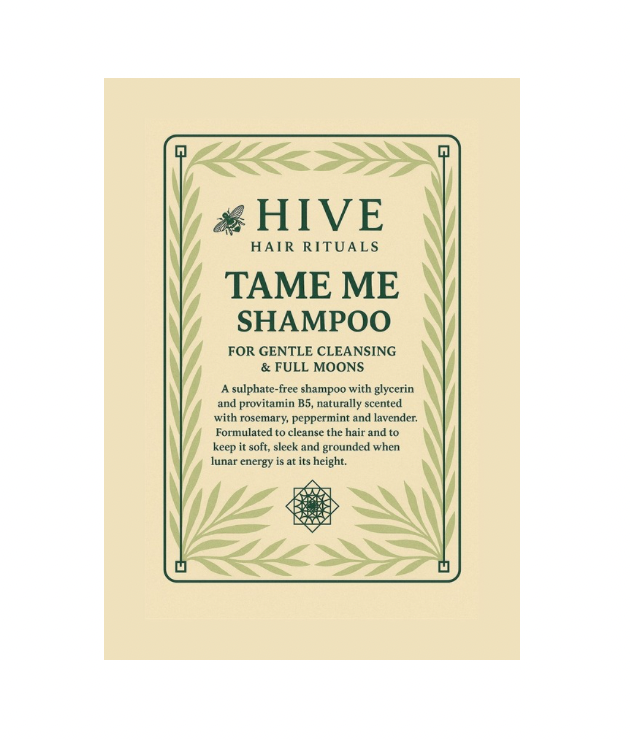Hive Tame Me Shampoo packaging on a beige background