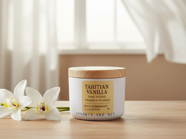 Vanilla candle small but mighty neutral living room background 