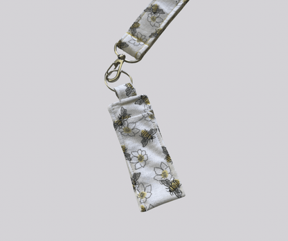 Floral patterned keychain on a light gray background