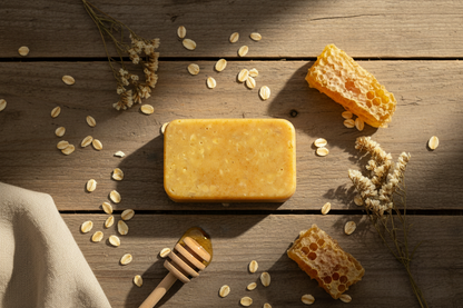 handcrafted honey oat soap Rustic background