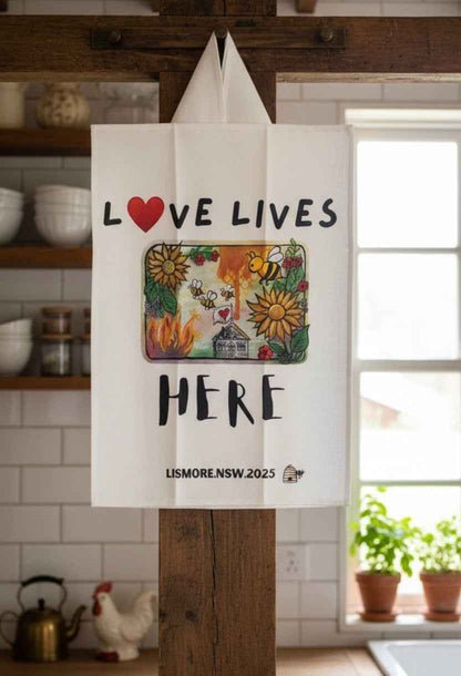 linen tea towel - Love Lives Here painted design