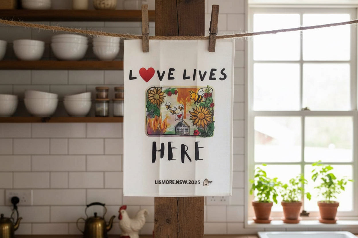 linen tea towel - Love Lives Here painted design