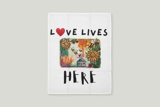 linen tea towel - Love Lives Here painted design