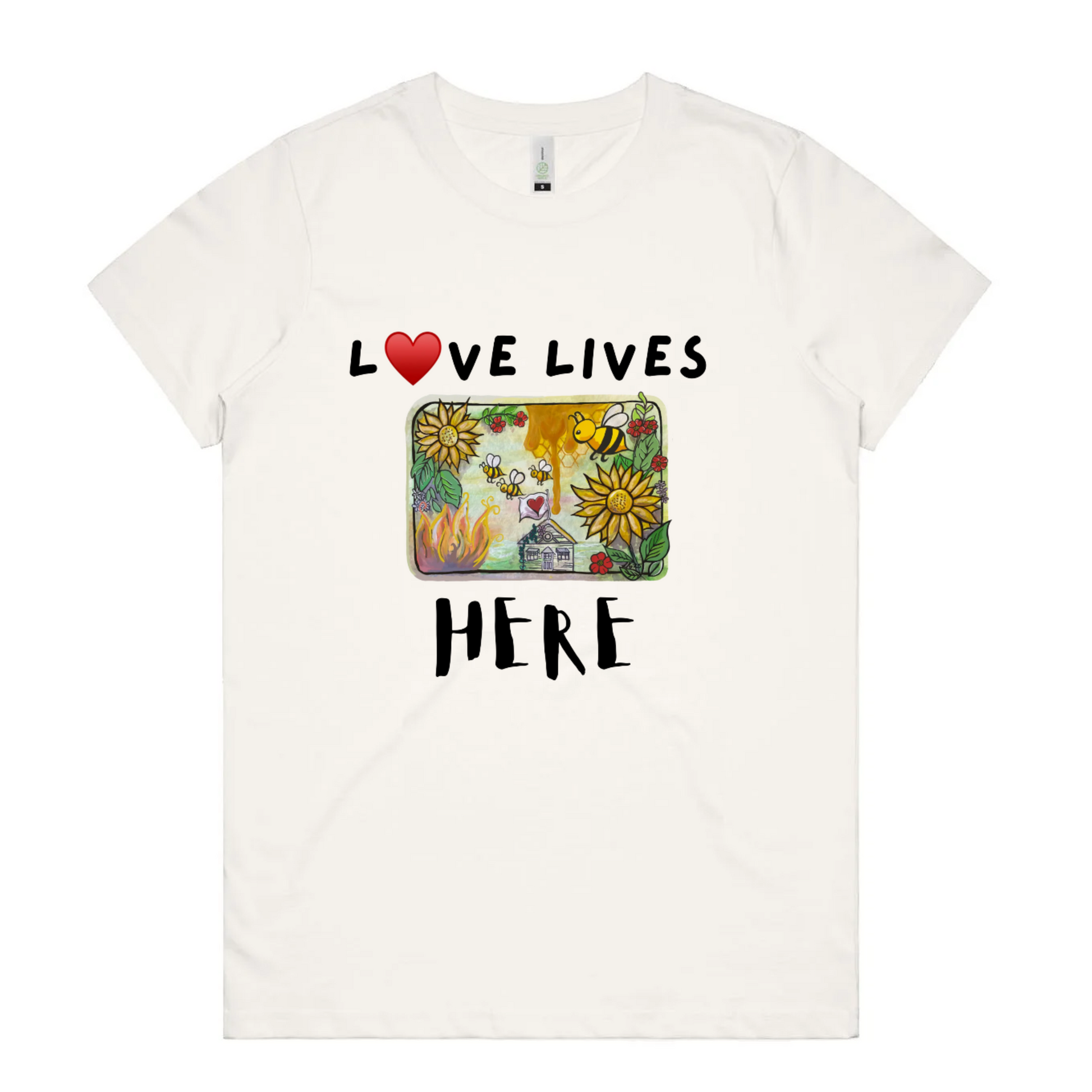White t-shirt with 'Love Lives Here' graphic and text on a white background
